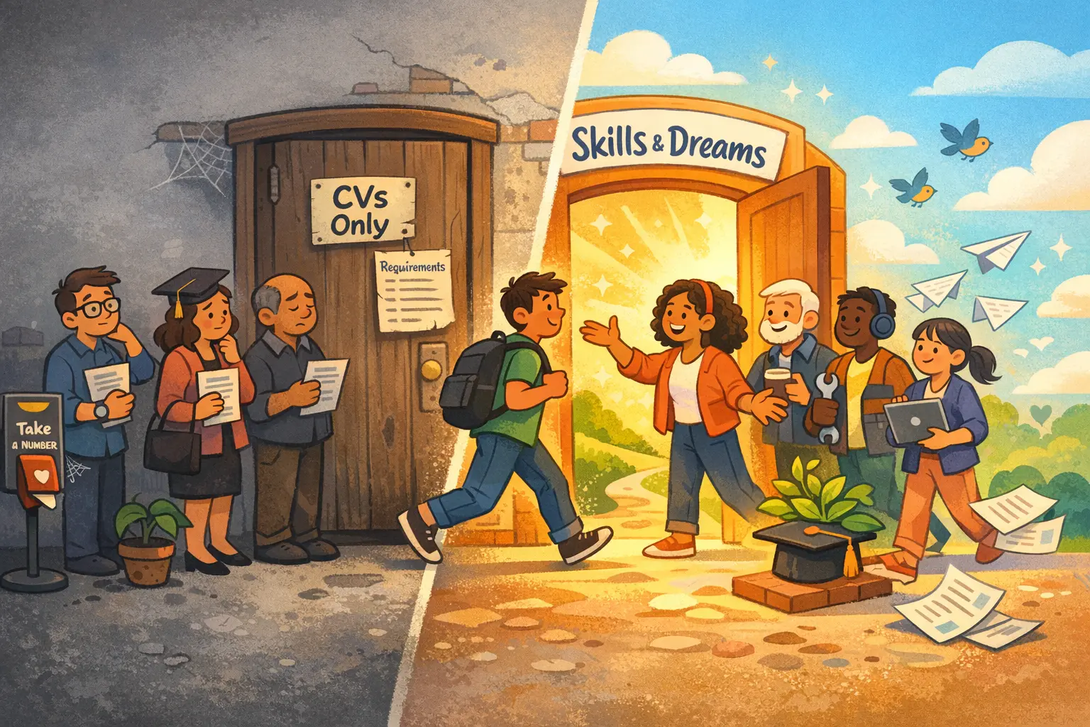 Skills-based hiring - two doors representing career choices